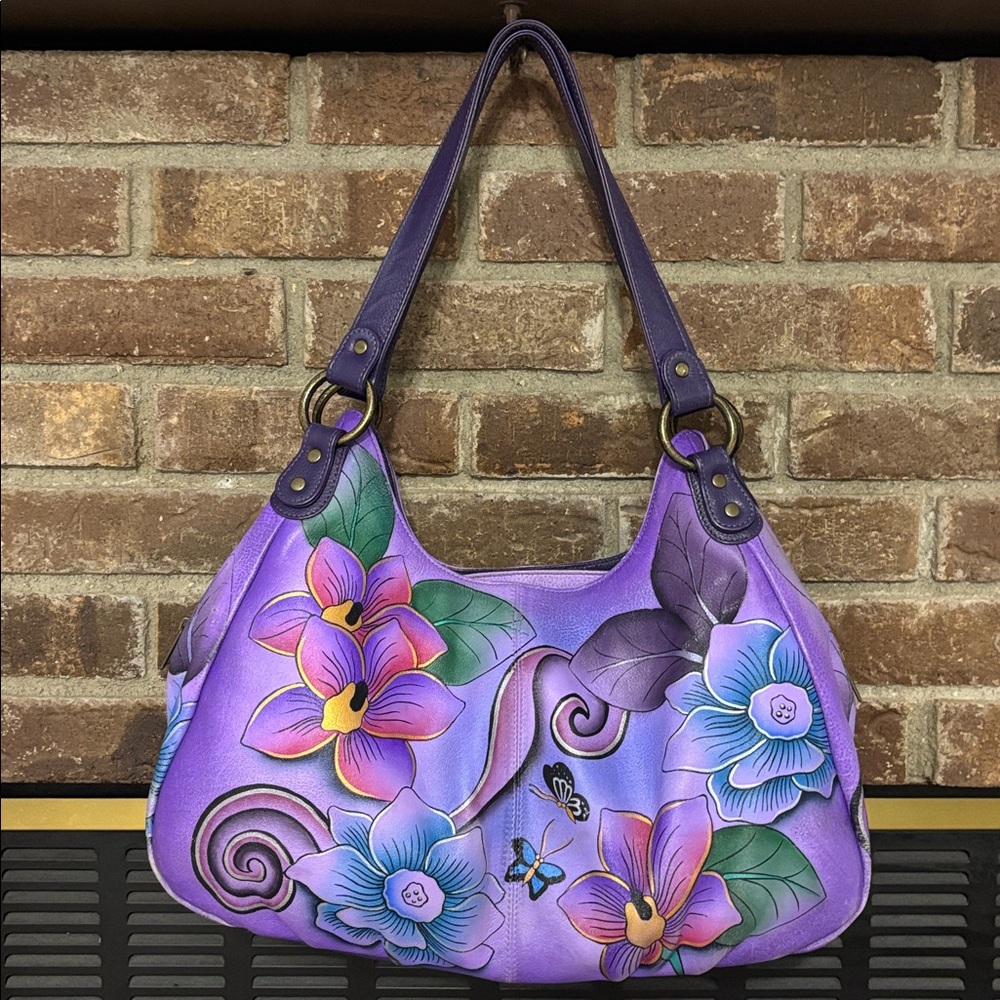 ANUSCHIKA India Purple‎ Leather
Floral Triple Compartment Large Satchel Bag